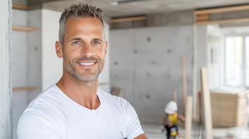 confident man in hard hat smiles in construction site, showcasing teamwork photo