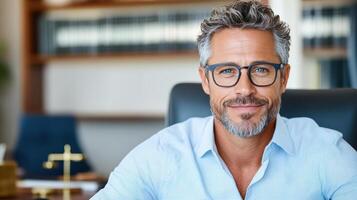 Professional man in legal office, preparing documents with confidence photo