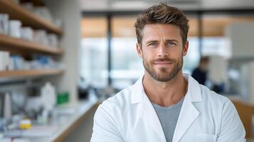 confident man in lab coat smiles in modern research lab setting photo