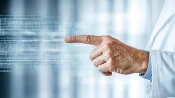 hand pointing towards digital data in research lab setting photo
