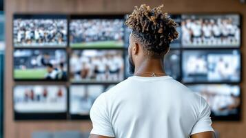 Analyzing performance data in sports facility, man observes screens photo