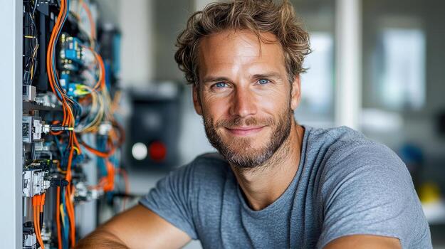 Man in tech office smiling while troubleshooting equipment and systems photo