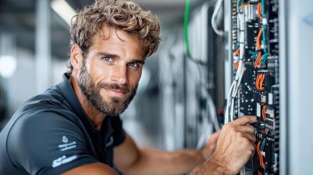 Man troubleshooting technology in modern office environment, focused and skilled photo