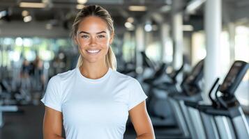 confident woman smiles in fitness center, promoting healthy lifestyle photo