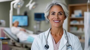 Healthcare professional smiling in medical setting, exuding confidence and care photo