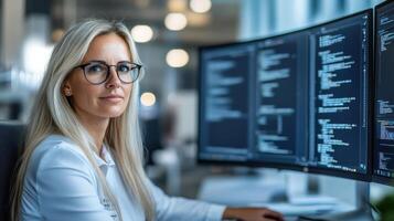 focused woman working on computer programming in modern office photo