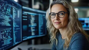 Data analyst working on AI projects with multiple screens in office photo