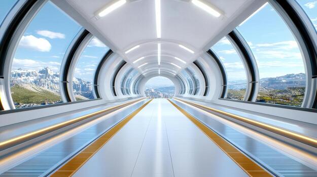 Futuristic corridor with panoramic views of mountains and sky photo