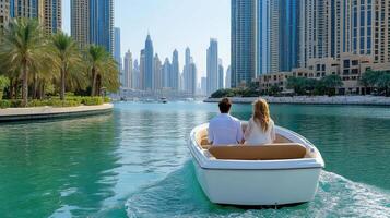 couple enjoys romantic boat ride in Dubai Marina, surrounded by skyscrapers photo
