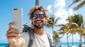 cheerful traveler taking selfie with palm trees and tower in background photo