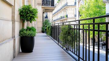 beautiful Parisian balcony with greenery and wrought iron railing photo