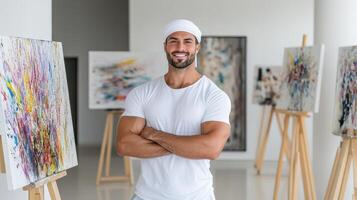 local artist showcasing traditional Emirati art in modern gallery photo