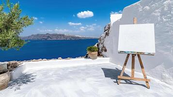 local artist easel stands ready against stunning Santorini landscape photo