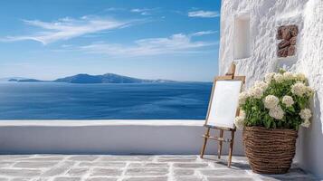 serene landscape of Santorini with painting easel and flowers photo