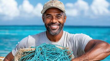local fisherman smiling while holding fishing nets by shore photo