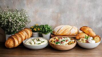 traditional Greek breakfast spread featuring fresh bread, salads, and dips photo