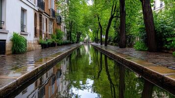 serene view of Parisian canal surrounded by lush greenery and reflections photo