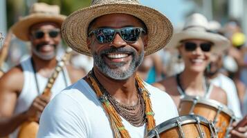 joyful street festival with musicians playing drums and dancing photo