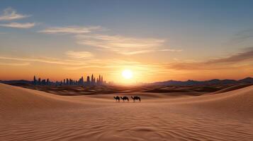 vibrant sunset over desert with camels and city skyline photo