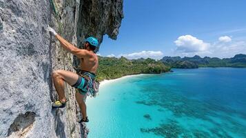 Climber scaling rock face with stunning beach view in El Nido photo