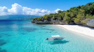 serene beach with clear turquoise water and small boat photo