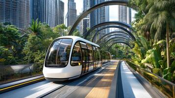 A modern tram in a city with tall buildings photo