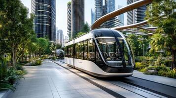 A tram is driving through a city with tall buildings photo