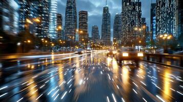 A city street at night with cars driving on it photo