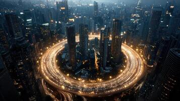 A circular city with traffic lights in the middle photo
