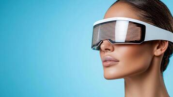 A woman wearing a pair of glasses with a light strip photo