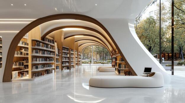 A library with curved walls and a large white couch photo