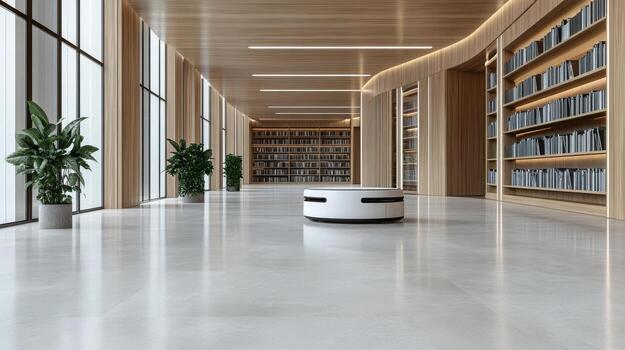 A library with a robot in the middle of it photo