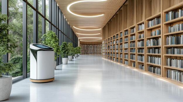 A robot in a library with bookshelves and plants photo