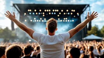A man with his arms up at a concert photo