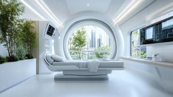 A futuristic hospital room with a bed and a window photo