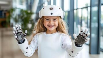 A little girl wearing a robot suit and holding her hands up photo