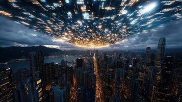 A city with lights and a cloud over it photo