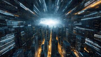 A futuristic city with lights and traffic photo