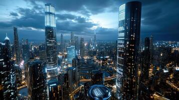 A cityscape with skyscrapers at night photo