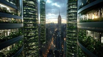 The city of the future is made up of tall buildings with green plants photo