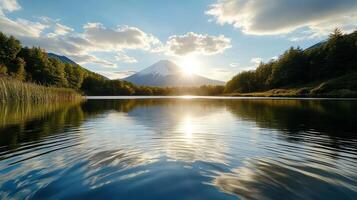 Majestic Mount Fuji reflected in serene lake at sunrise, creating tranquil scene photo