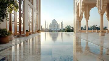 Majestic Taj Mahal at sunrise reflecting in water, creating serene atmosphere photo