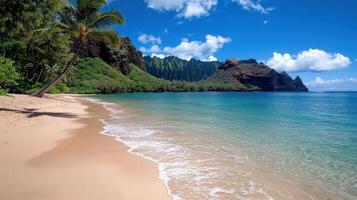 Peaceful beach with palm trees and clear water in Hawaii, USA photo