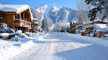 A snowy road in front of a mountain lodge photo