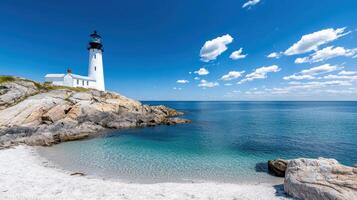A lighthouse sits on the shore of a body of water photo