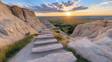 The sun sets over badlands national park photo