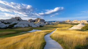 Scenic overlook of Badlands with golden grass and dramatic rock formations photo