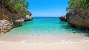 serene hidden beach with turquoise water and rocky cliffs photo