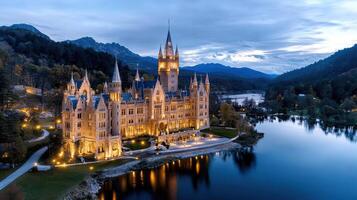 scenic view of historic castle illuminated at night by serene lake photo
