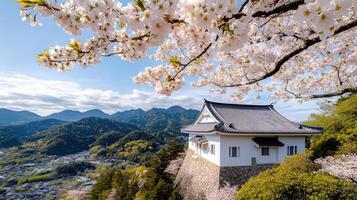 Scenic view of historic castle surrounded by cherry blossoms and mountains photo